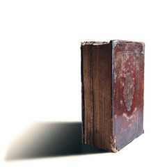 Leather bound book with gold embossing. Torah book standing on white background with shadow....