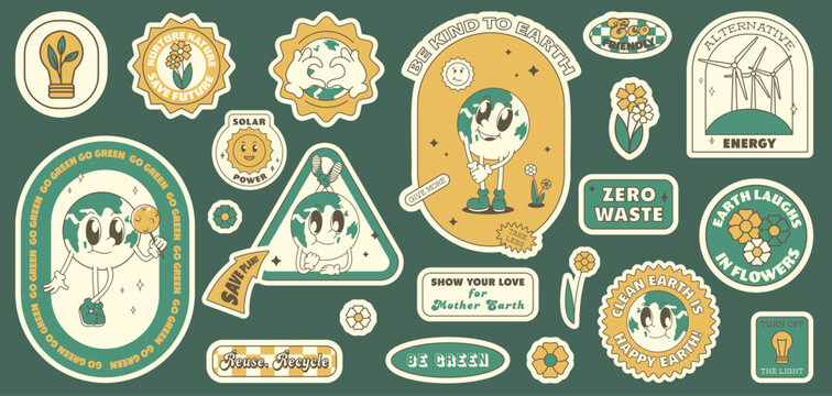 Save the planet stickers in trendy retro cartoon style. World Environment Day. Cute Earth character and mascot.