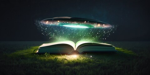 Obraz na płótnie Canvas A book falling from ufo on grassy meadow at night, Generative AI