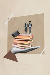 Vertical collage portrait of black white colors arm palm hold pile stack book two mini people...