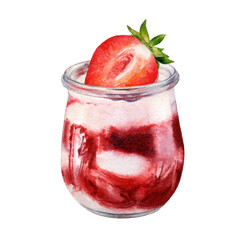 Watercolor illustration of yogurt with strawberry isolated on white background. White chocolate mousse strawberry jam in a glass.