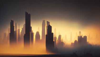 Cityscape in fog, sunset, Generative AI