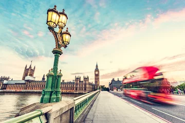 Foto op Canvas Red bus on Westminster bridge next to Big Ben in London, the UK at sunset © Photocreo Bednarek