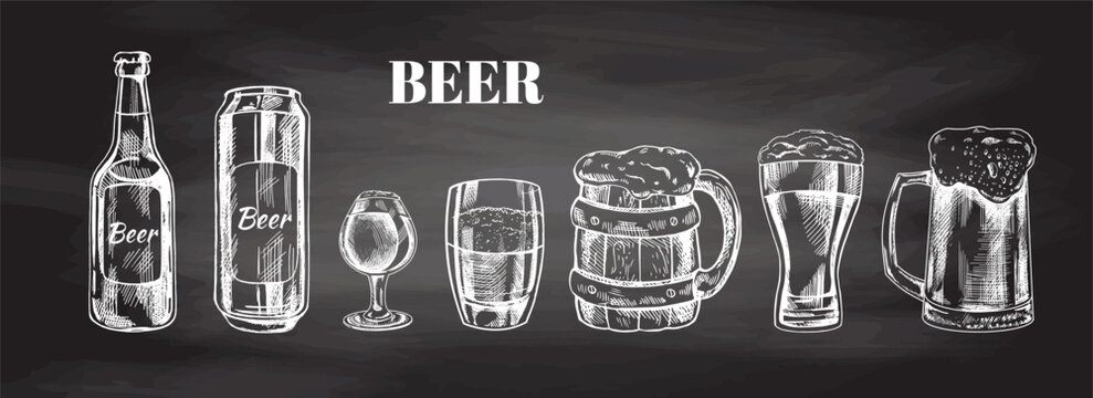 Hand-drawn sketch of  beer can, beer bottle, beer glasses and beer glass and wooden mugs isolated on chalkboard background, white drawing. Set. Vector vintage engraved illustration..