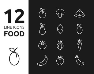 Line icons food white on black background. Fruits and vegetables, healthy eating. Vector illustration