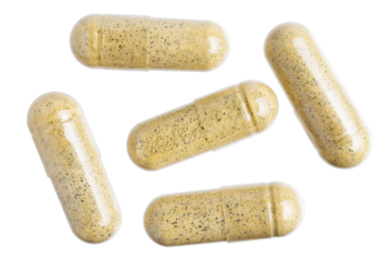 Yellow gel medical capsules, group of vitamin herbal supplement, pills or drugs for treatment, isolated on transparent background, medicine and healthcare concept, top view