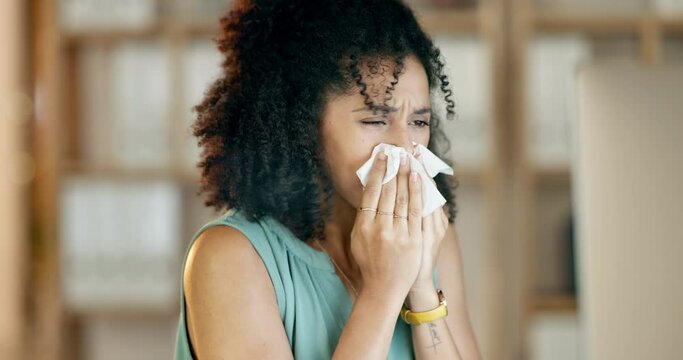Business woman, tissue and nose at night for allergies, problems and cold virus at office computer. Sick female employee, flu and sneeze from allergy risk, health crisis and medical sinusitis illness