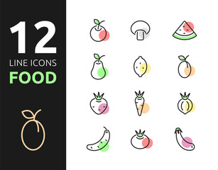 Colored Line icons food on white background. Fruits and vegetables, healthy eating. Vector illustration