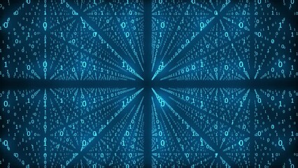 Computer graphics infinite number of zeros and ones moving on a black background. Digitalization of human life. The arrangement of figures is a kaleidoscope. - Powered by Adobe