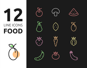 Colored Line icons food on black background. Fruits and vegetables, healthy eating. Vector illustration