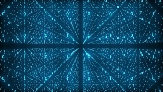 Computer graphics infinite number of zeros and ones moving on a black background. Digitalization of human life. The arrangement of figures is a kaleidoscope.