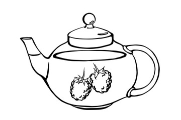 Transparent tea pot with raspberries inside black and white outline illustration
