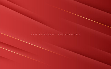 abstract red papercut diagonal stripe with gold line shadow and light background. eps10 vector