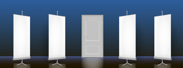 The interior of an empty dark room with a white banner and a door.
Free space for copying, 3d vector image.