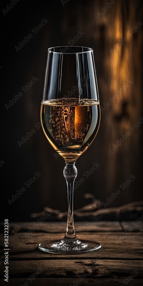Aufkleber close-up of a champagne glass on a hardwood table with a black background and a vertical selective f