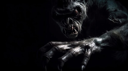 creepy scary werewolf monster with fangs in dark. Generative AI illustration