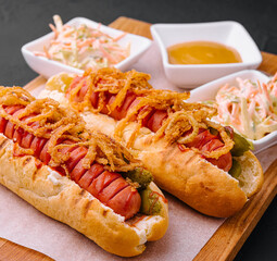 Delicious Gourmet Grilled Hot Dogs With Mustard, Pickles, Onion
