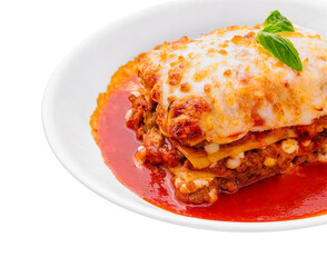 italian lasagna with tomato sauce isolated on white background