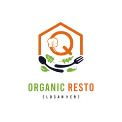 Letter Q with Leaf Vegetable for Organic Vegan Food and Resto Business Logo Idea Template	