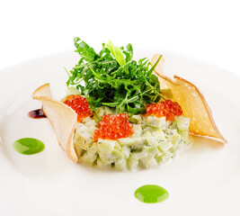 cucumber and red caviar tartare with arugula