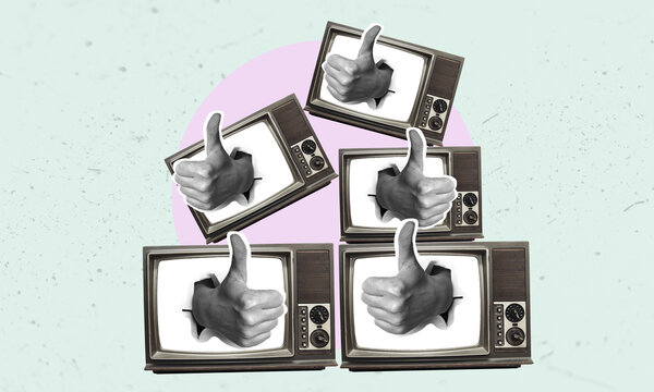Art collages, Modern art collages many TVs with thumbs up or thumbs up.