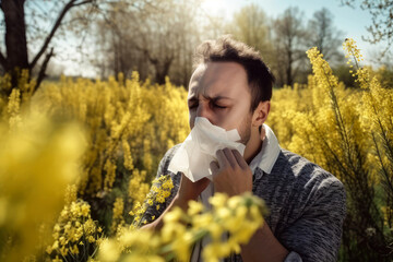 Mann mit Pollenallergie schnäuzt sich die Nase mit einem Taschentuch - Generative AI