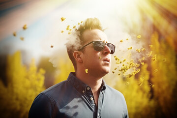 Man with pollen allergy on a sunny day - Generative AI - obrazy, fototapety, plakaty