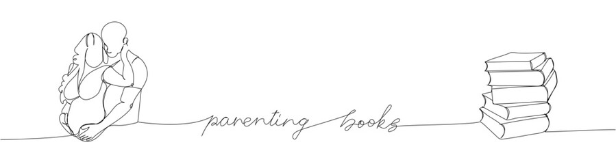 Parenting books one line art. Continuous line drawing of book, library, couple, parents, marriage, literature, read, reading with an inscription, lettering, handwritten.