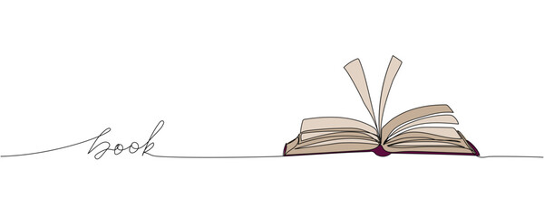 Book one line colored art. Continuous line color drawing of library, school, study, learn, reading with an inscription, lettering, handwritten.