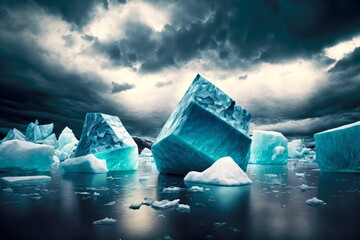 large blocks of floating icebergs against background of stormy sky and calm sea, created with generative ai
