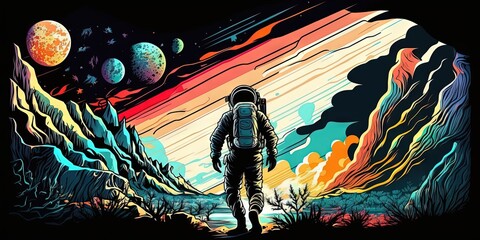 Hand-drawn vector pattern of a colorful futuristic cyberpunk space astronaut in abstract background wallpaper graphic novel design, Generative AI