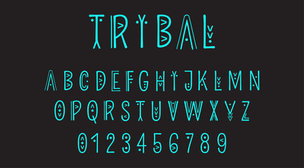 Vector trendy uppercase alphabet in ethnic style made of lines of different thicknesses. Geometric Tribal font. English Ethnic letters and numbers. Peru, Africa and Tribal inspired signs.