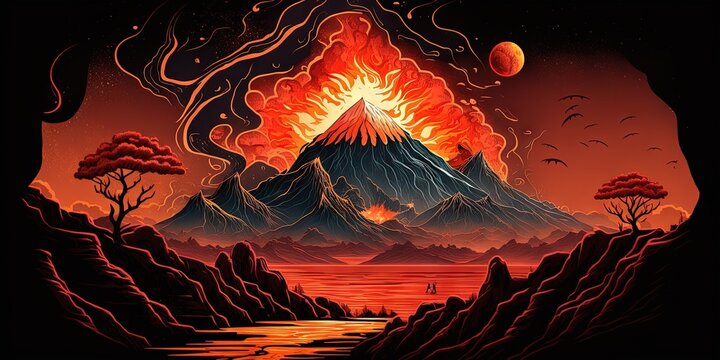 This text depicts a fantasy landscape featuring lava and mountains, Generative AI