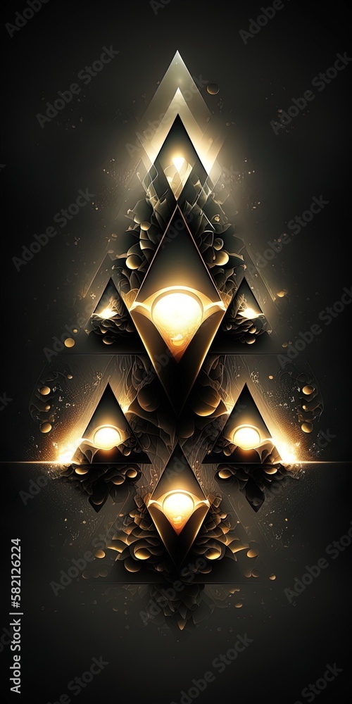 Poster on a black backdrop, a series of lights create triangle s's and move ahead. generative ai