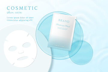 Cosmetics and mask ads template on blue water background.