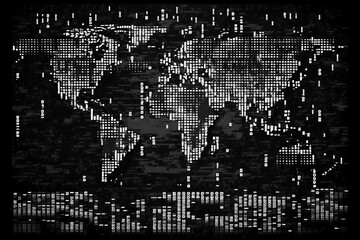 Obraz premium World map superimposed on duplicate computer code that permeates each other. The matrix-like binary code consists of 0s and 1s and has a vertical position created with generative AI technology