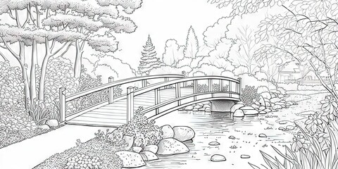 A serene scenery: a natural garden featuring trees, a river, and wooden bridge, Generative AI