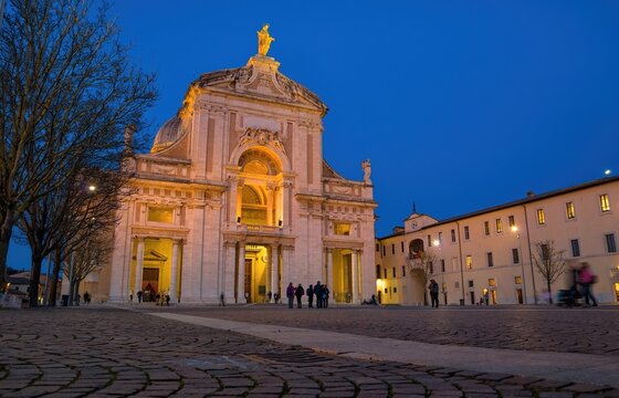 Evening view at the Basilica of Santa Maria degli Angeli near Assisi in Italy. Discover the beauty of historic buildings