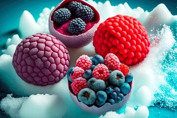 different frozen berries in delicious and healthy dessert, created with generative ai