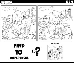 differences game with African animals coloring page