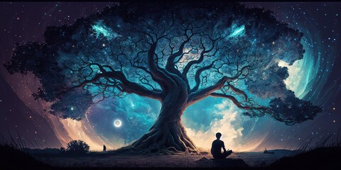 Practicing meditation beneath a grand sacred tree amidst a celestial landscape, Generative AI - obrazy, fototapety, plakaty