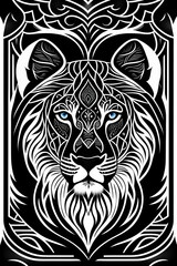 tiger head and only facing front, glare, black and white, white background, no background, ink fine line art stylized, vector, design for tattoo, african pattern mane, small cat ears