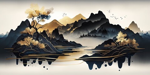 Chinese abstract art with landscape painting, ink motifs, and gold patterns, Generative AI