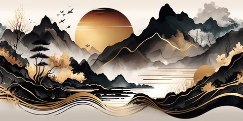 Rolgordijnen Background of contemporary Chinese abstract art with elements of landscape painting, ink and gold patterns, Generative AI © Oleksii