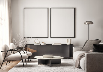 Mockup poster frame on the wall of living room. Luxurious apartment background with contemporary design. Modern interior design. 3D render, 3D illustration.