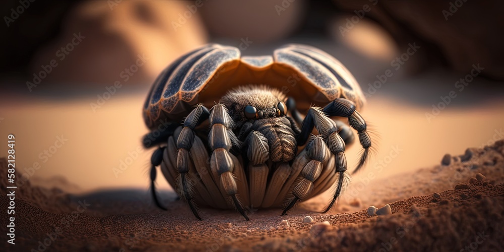Poster a tarantula in its shell, captured with a shallow depth of field generative ai