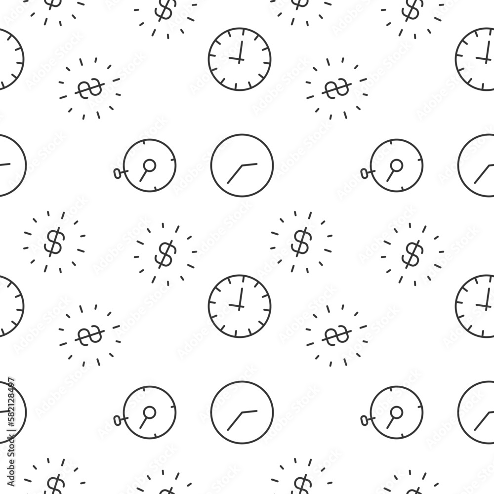 Poster seamless vector monochrome pattern of timer and clock with dollar inside for covers, shops, wrappers