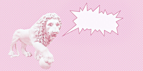 Contemporary digital collage art. Modern trippy design. Statue lion and dialogue space