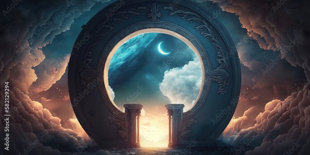 Poster lightning strikes over a spherical doorway, illuminating a passageway into another planet during a t