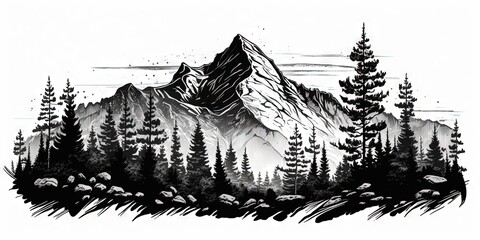 Hand-drawn sketch of rocky peaks with pine trees and landscape, black and white background, Generative AI